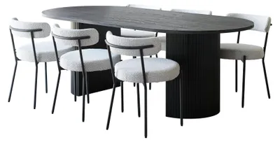 Produktbild von Kyoto Essgruppe Esstisch 100x210 cm Dunkelbraun und 6 Stühle Bouclé Weiß.