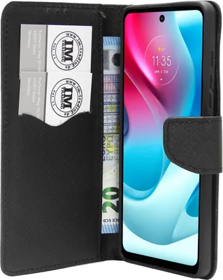 Produktbild von Buch Tasche "Fancy" kompatibel mit Motorola Moto G60s Handy Hülle Etui Brieftasche Schutzhülle mit Standfunktion, Kartenfach Schwarz
