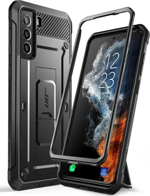 A protective phone case and its accompanying frame are displayed against a white background. The phone case is shown from the back, revealing its textured surface and a kickstand. The frame is positioned above a smartphone, suggesting its assembly.