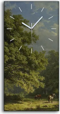 Produktbild von Leinwand Uhr Küche Wohnzimmer Bild 30x60 Malerei Wald Bäume Himmel Wolken Pferd - weiße Hände