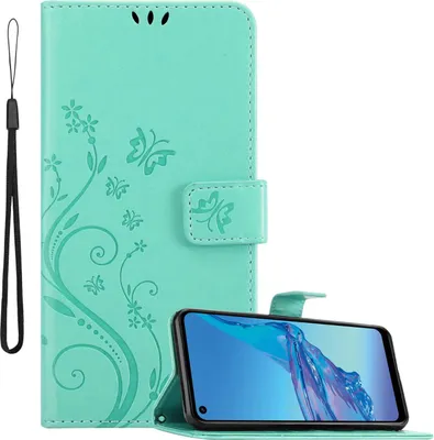 Produktbild von Cadorabo Hülle für Oppo A53s in FLORAL TÜRKIS Schutzhülle im Blumen Design mit Magnetverschluss, Standfunktion und Kartenfächern Flip Case Flower Cover Etui Handy Klapp Hülle Book Tasche