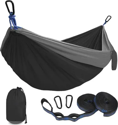 Produktbild von Doppelte Camping-Hängematte für 2 Erwachsene, leichte Fallschirmhängematte mit Baumgurten und Karabinern für Rucksackreisen, Wandern, Hof, Garten, Reisen