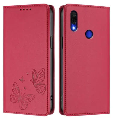 Produktbild von Lederhülle für Xiaomi Redmi Note 7/Note 7 Pro, Schmetterling Prägung Leder Brieftasche Schutzhülle mit Ständer Rot