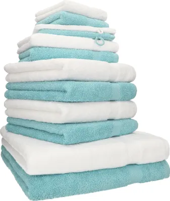 Produktbild von Betz Premium Handtuch-Set 12-teilig – Baumwolle –® - 2 Duschtücher, 4 Handtücher, 2 Gästetücher, 2 Seiftücher, 2 Waschhandschuhe - weiß/Ocean