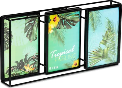A black metal multi-photo frame holding three tropical-themed pictures.
