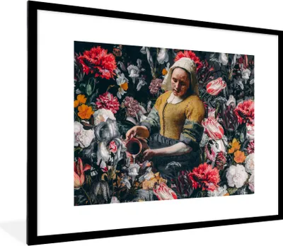 Produktbild von MuchoWow® Gerahmtes Poster Vermeer - Milchmädchen - Blumen 80x60 cm - Poster mit Schwarzem Bilderrahmen Wandposter Rahmen Foto Bilder - Schlafzimmer-Dekorationen - Fotoposter