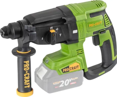 A cordless rotary hammer drill with a battery pack attached.