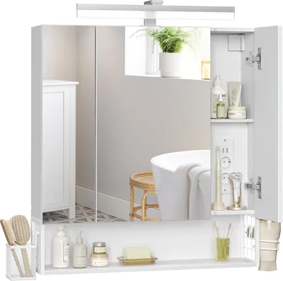 Image de Armoire de salle de bain avec miroir et éclairage LED - Avec prises de courant et ports USB - Support pour sèche-cheveux - 70 x 16,5 x 75 cm - Blanc