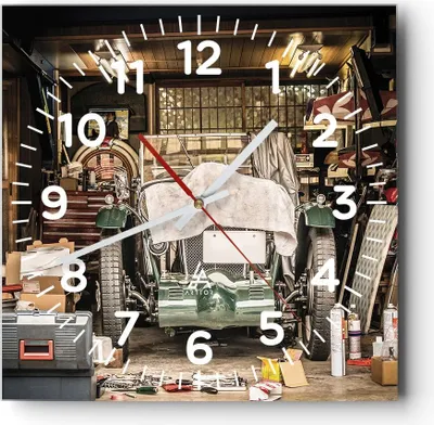 Produktbild von Wanduhr - Quadrat - Glasuhr - Historisch Auto Garage - 40x40cm - Schleichendes Uhrwerk - Lautlos - zum Aufhängen bereit - Dekoration Modern - Wanddekoration aus Glas - C4AC40x40-4562