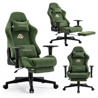 Produktbild von CRELIV -Ergonomischer Gamingstuhl aus Samt mit Massage-Lendenstütze, Fußstütze, 4D-Armlehnen, höhenverstellbar, bis 200 kg, Grün