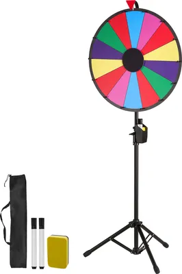 Zdjęcie produktu dla Koło fortuny SucceBuy (61 cm) z 14 polami i stojakiem o regulowanej wysokości, loteryjna ruletka z gąbką tablicową i 2 markerami, 6 kolorów, idealne na imprezy, targi, puby i karnawały