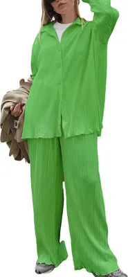 Produktbild von ASKSA Damen 2 Teiler Casual Outfits Sommer Plissee Set Zweiteiler Langarm Hohe Taille Loungewear, Hellgrün, M