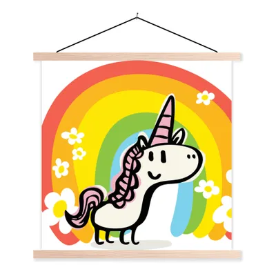 Produktbild von MuchoWow® Textilposter Eine Illustration eines Einhorns mit einem Regenbogen - Mädchen - Kinder - Kinder 40x40 cm mit holzfarbenen Rahmen - Posterleiste
