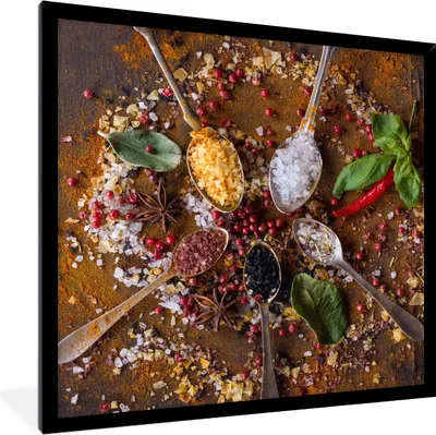 Produktbild von MuchoWow® Gerahmtes Poster Gewürze - Kräuter - Löffel - Salz - Braun - Küche 40x40 cm - Poster mit Schwarzem Bilderrahmen Wandposter Rahmen Foto Bilder - Mit Rahmen - Wanddekoration Schlafzimmer