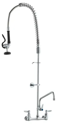 Produktbild von Commercial Faucet with Pre-Rinse Sprayer, 47" Height, 8" Center, 12" Swing Spout, Wall Mount Kitchen Sink Faucet, Brass Constructed Device with Pull Down Spray, for 1/2/3 Compartment Sink