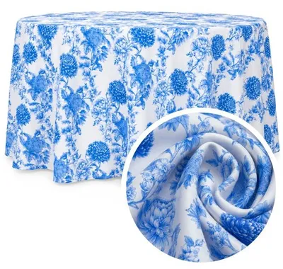 Produktbild von MEBLE ODNOWA, Runde Tischdecke Ø 320 cm, Toile-Blumenmuster, Weiß-Blau, Matt, Elegant, für Hochzeit, Bankett, Restaurant, Pflegeleicht