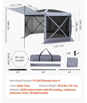 Produktbild von Bildschirmzelt, Pop-Up-Design, wetterfester Baldachin, 12x12ft Grau