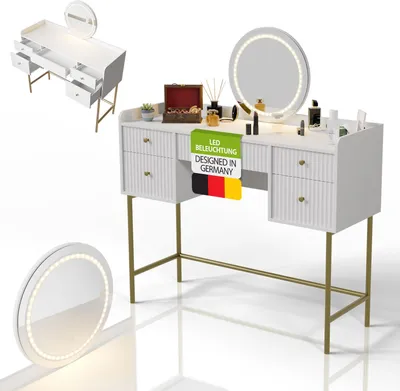 A white and gold vanity table with a round LED mirror and various makeup items on top. A smaller mirror is shown in the foreground. A separate view of the vanity table is shown in the upper left corner.