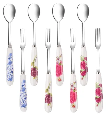 Besteckset 8-tlg. Edelstahl Blumenmuster Kaffeelöffel Dessertgabeln