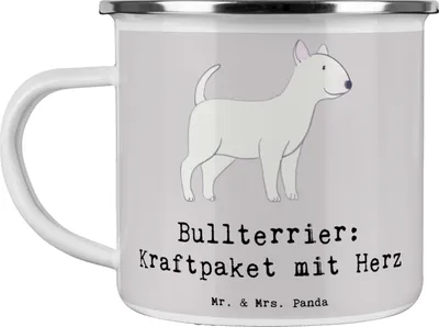 Produktbild von Mr. & Mrs. Panda Teetasse Bullterrier Kraftpaket - Grau Pastell - Geschenk, Hunderasse, energiegeladene Hunde, Familienmitglied, Emaille Tasse, Leidenschaft, Haferl
