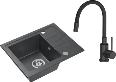 Immagine prodotto di VBChome Lavello in granito nero con rubinetteria 55 x 44 cm Lavello da incasso a vasca singola Macchiettato Reversibile Lavello in granito Sifone Rubinetteria per lavabo