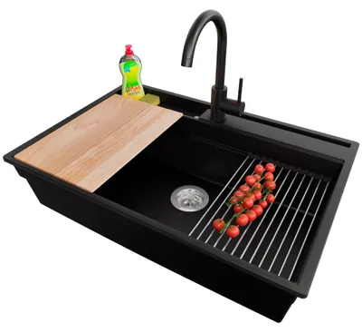 Produktbild von PRIMAGRAN Granitspüle Schwarz 78x53cm, Spülbecken 1 Becken + Ablauf-Set + Küchenzubehörset, Küchenspüle ab 80er Unterschrank - Oslo Pocket