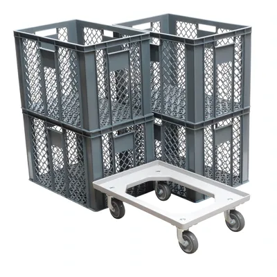 Produktbild von 4 Stück Bäckerkisten 600 x 400 x 410 mm + 1 Transportroller Typ C versch. Farben : grau Farbe: grau