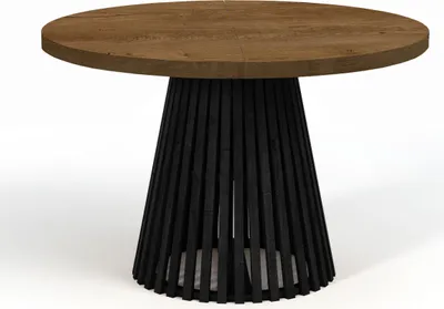 A round dining table with a wooden top and a black, conical base made of vertical slats.