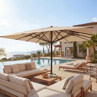 An outdoor patio area with a swimming pool and a view of the ocean, featuring luxury outdoor furniture and a large umbrella.