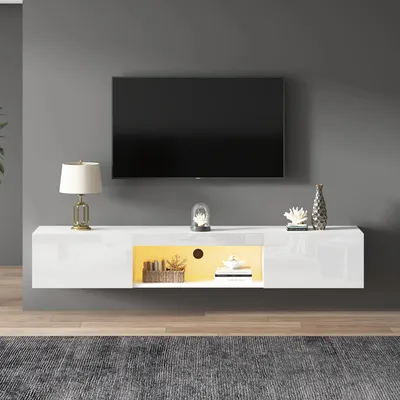Image de Meuble TV suspendu blanc brillant - Meuble mural moderne pour téléviseurs jusqu'à 70 pouces, avec éclairage LED