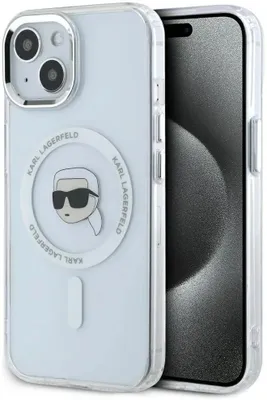 Produktbild von KARL LAGERFELD case passend für IPHONE 15 kompatibel mit MagSafe KLHMP15SHLSKIH (IML Metal K Head) white