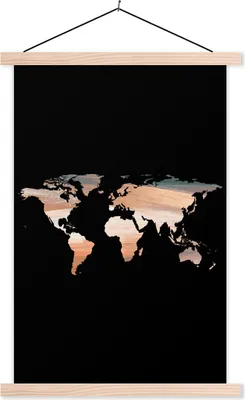 Produktbild von MuchoWow® Textilposter Weltkarte - Farbe - Schwarz 120x180 cm mit holzfarbenen Rahmen - Textil-Plakat