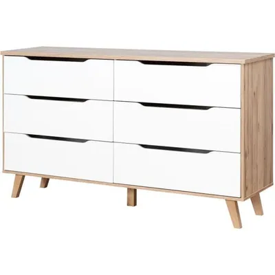 Produktbild von Kommode mit 6 Schubladen – Spanplatte – Eiche und Weiß – 154 x 42 x 86 cm