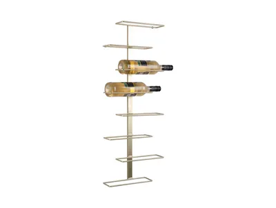 A gold metal wine rack mounted on a white background, holding two bottles of white wine.
