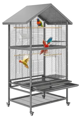 Image de Grande cage à oiseaux - Cage pour perroquets - Bac à sable - Sur roulettes - 3 perchoirs - En fer - Noir