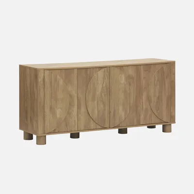 A wooden sideboard with a decorative pattern on the doors, shown against a plain background.