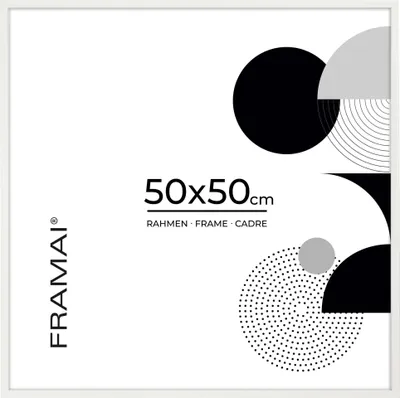 Productafbeelding van Framai® fotolijst 50x50 cm, wit. Milieuvriendelijke MDF-lijst met breekvaste plexiglas, ophangklem en standaard