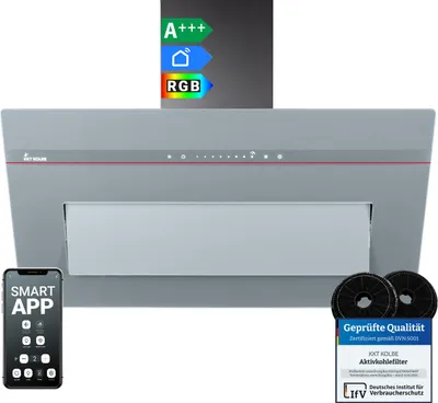 Produktbild von KKT KOLBE Dunstabzugshaube 90 cm Umluft Abluft Kopffrei Wandhaube | Glas Matt Grau | Smart WiFi App WLAN Touch | RGBW LED-Beleuchtung | PLOOM9005G