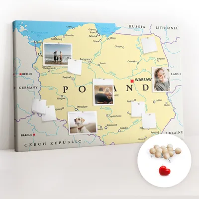 Obrázok produktu pre Korková tabuľa Tabuľa na poznámky Tabuľa na špendlíky - učebná pomôcka 120x80 cm - 100ks drevených kolíkov - Politická mapa Poľska
