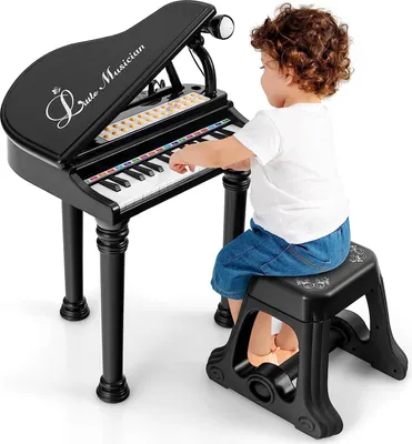 Produktbild von 31 Tasten Keyboard Kinder, E-Piano mit Hocker & Mikrofon & 3 Lehrmodi & 4 Rhythmen & Aufnahme, Elektronisches Klavier für Mädchen & Junge ab 3 Jahre (Schwarz)