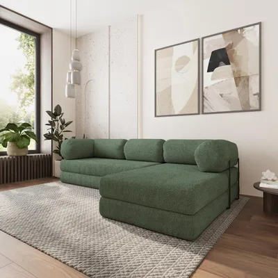 Produktbild von Masseno Ecksofa KELI mit Metallgestell, Modulares Schlafsofa aus Schaumstoff, Klappbares Bodensofa, Schlaffunktion - Grün, QUELLE 37