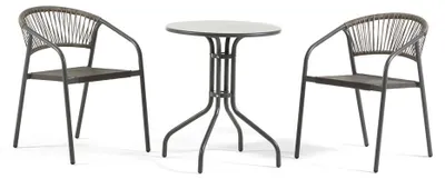 Produktbild von Platzsparendes Outdoor-Set mit Tisch Ø60 und stapelbaren Textilene-Stühlen mit Rückenlehne in Seiloptik für Balkon, Terrasse und Café, Max + Gaia