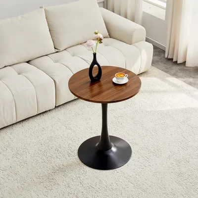 Produktbild von Runder Beistelltisch Ø60cm – kleiner Esstisch aus MDF, Walnussholzmaserung, schwarzer Stützfuß, Thermoform-Technologie, perfekt für europäische Wohnräume, Schwarz/Walnuss