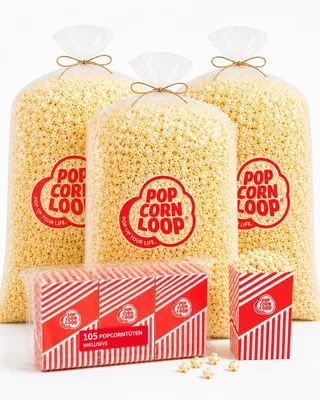 Produktbild von Popcornloop® Kino Popcorn Sack Süß ca.150 Liter 6 kg inklusive 105 Popcorntüten