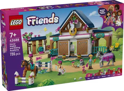 Produktbild von LEGO Friends Pferdestall und Reitschule - Lern-Spielset mit 3 Mini Puppen, 2 Pferdefiguren, einem Hundewelpen & Pflegezubehör - Geburtstagsgeschenk für Mädchen ab 7 Jahren - 42688