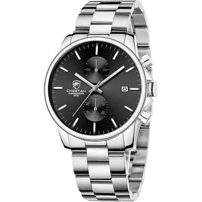 Produktbild von Cheetah Herrenuhr Silber mit Schwarzem Zifferblatt 42mm Metallarmband Uhr Gentlemen Uhren Herren Armbanduhr