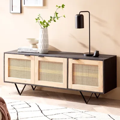 Produktbild von Sideboard 145x55x40 cm Massivholz Rattan Anrichte Kommodenschrank