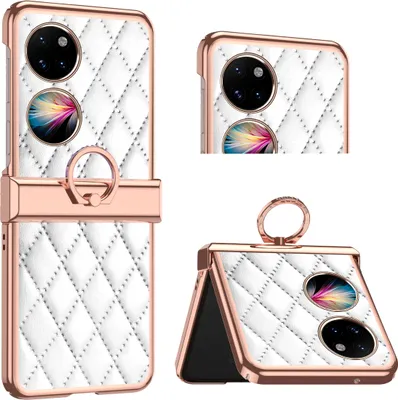 Produktbild von Luxus Leder Muster Galvanik Handyhülle für Huawei P50 Pocket mit Ringhalterung und Scharnierschutz Weiß