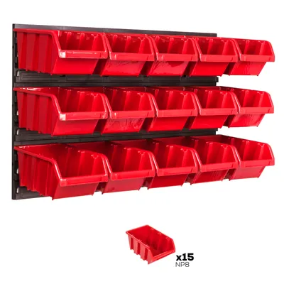 A wall-mounted storage system with multiple red bins.