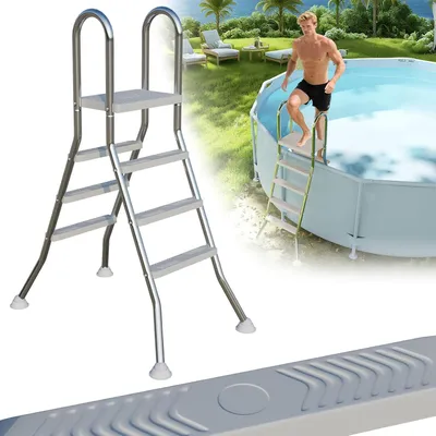 Produktbild von Edelstahl Poolleiter 110 cm Poolhöhe | Schwimmbadleiter mit 3 Rutschfesten Stufen | bis 150 kg Belastbar | Pooltreppe mit Rutschsicherung | Einstiegsleiter für Pool und Schwimmbecken